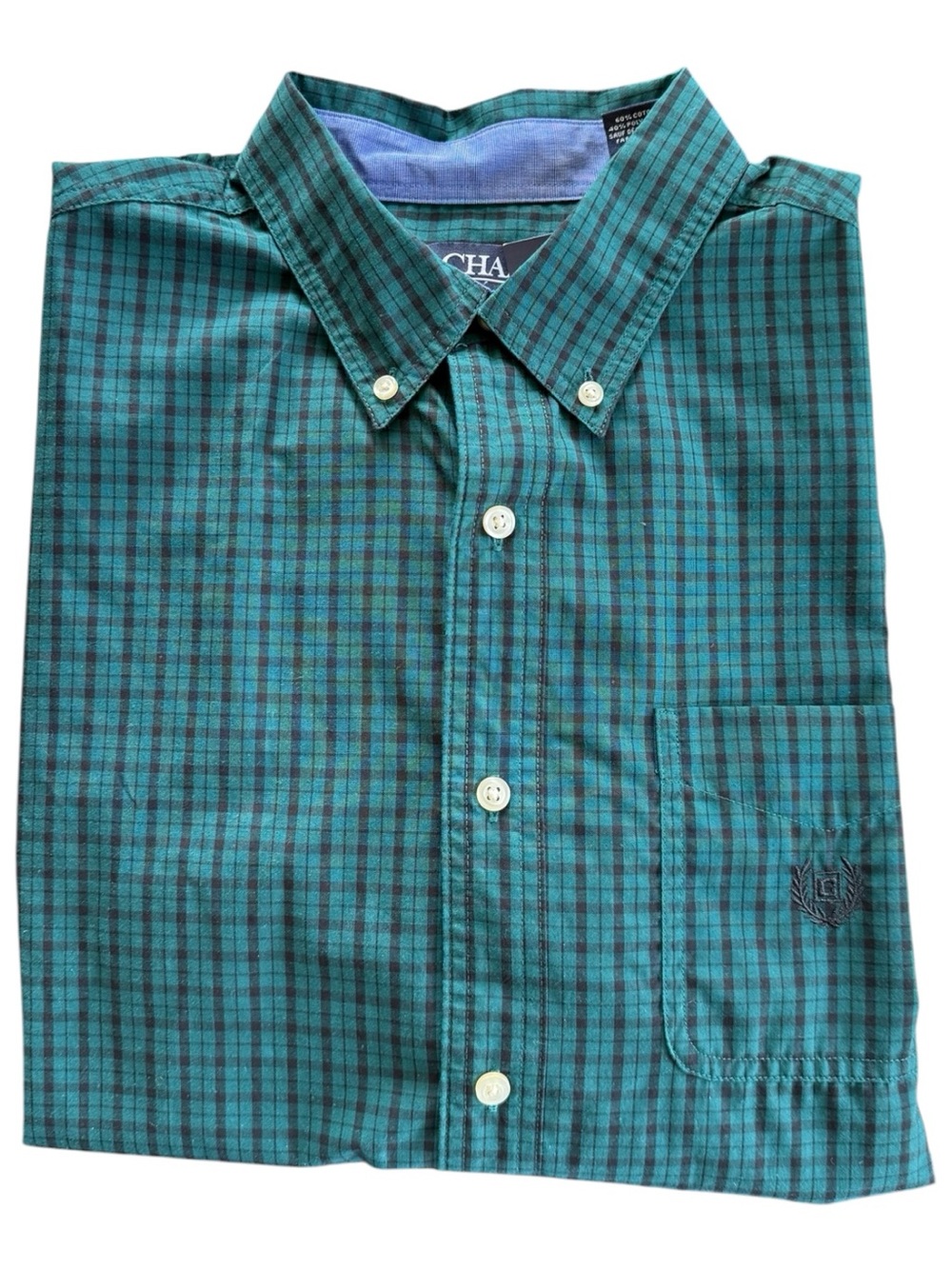 Chaps Men's M Teal Plaid Easy Care Long Sleeve Button Down Cotton Blend NWT